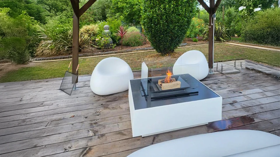 Scène extérieure de barbecue dans un jardin avec pelouse verte