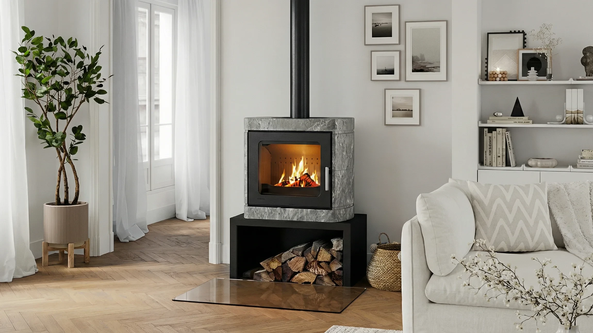 Cheminée en marbre beige avec feu de bois allumé dans un salon élégant
