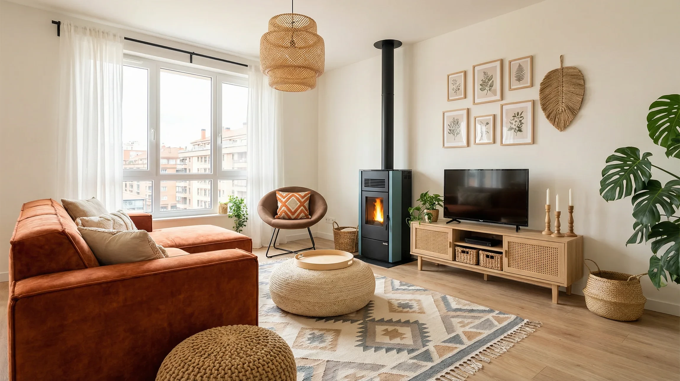 Int&eacute;rieur moderne avec po&ecirc;le &agrave; bois en fonctionnement, flammes orange vives visibles &agrave; travers la vitre