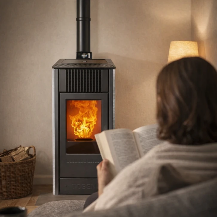 Intérieur résidentiel avec poêle à bois moderne en fonctionnement